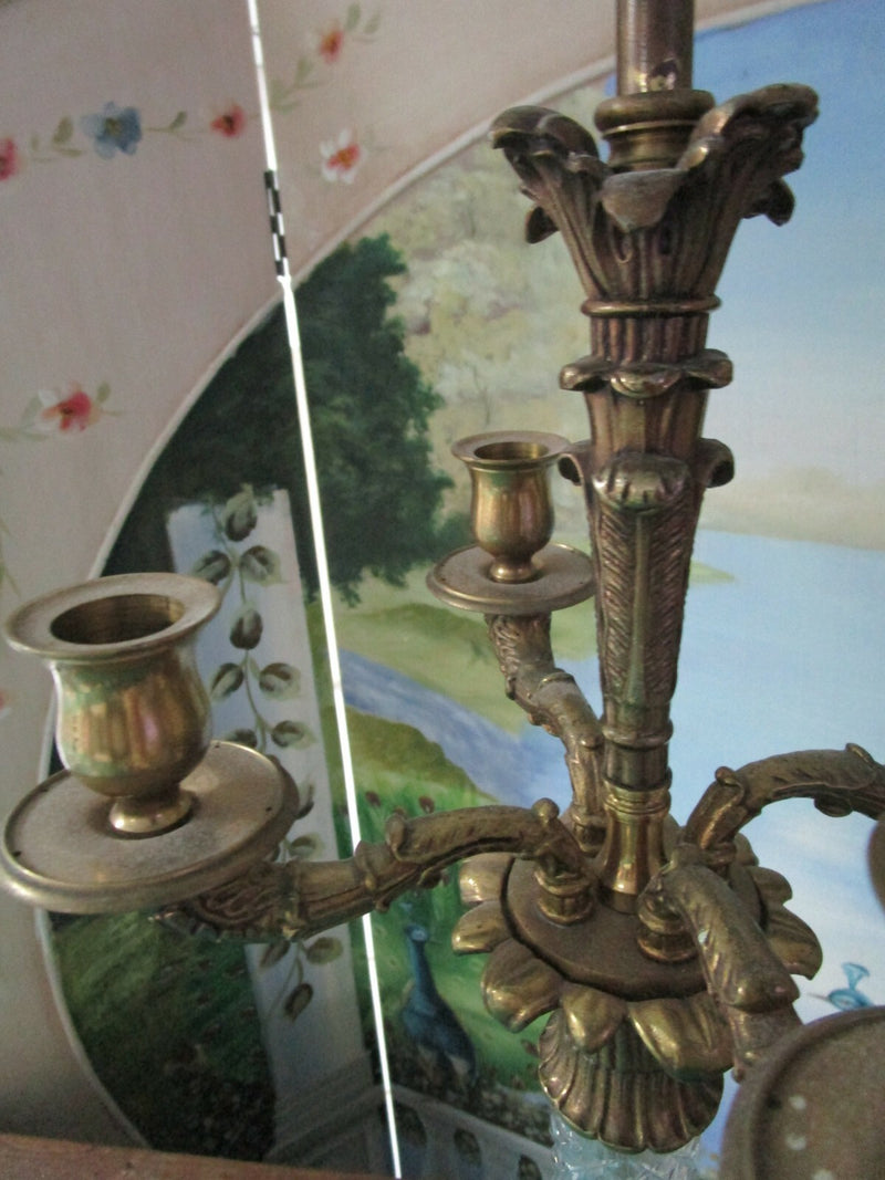 Four Arms Two Lights Brass Depression Glass Diamond Design Electrical Table Lamp