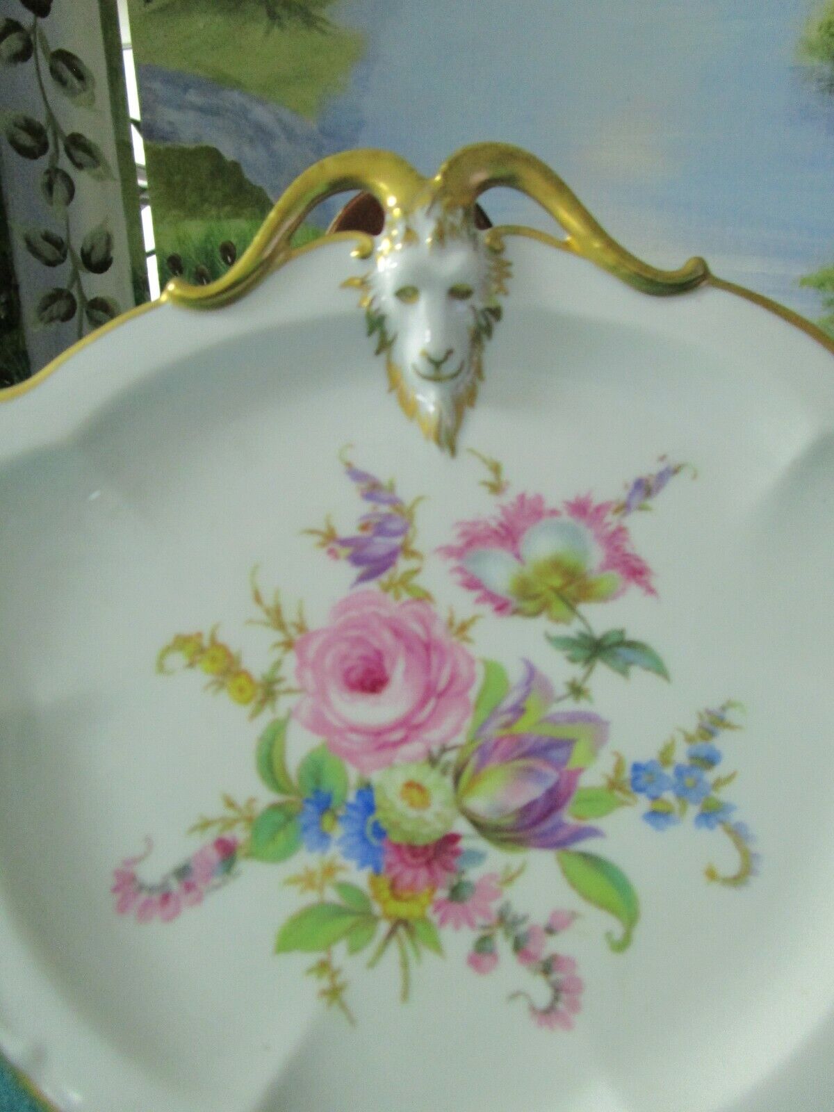 Antique RC Rosenthal Porcelain Hand Painted Dish ~ Ram Head GOLD HORNS [70J]