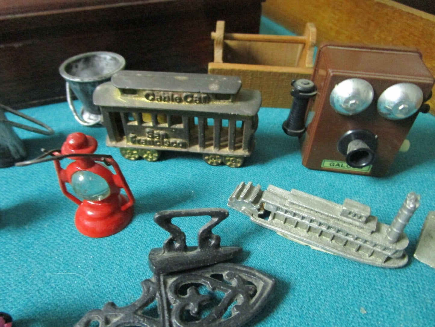 ANTIQUE MINIATURE TOYS LOT AND 2 WOODEN RACK 51 MINIATURES