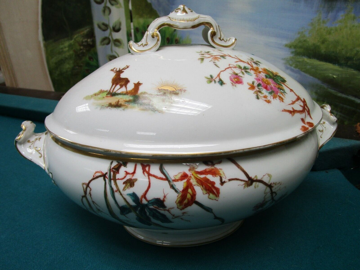 1881-1900 DELIMIRES & CIE D&C LIMOGES Pink Roses Tureen Soup Bowl Casserole ^^