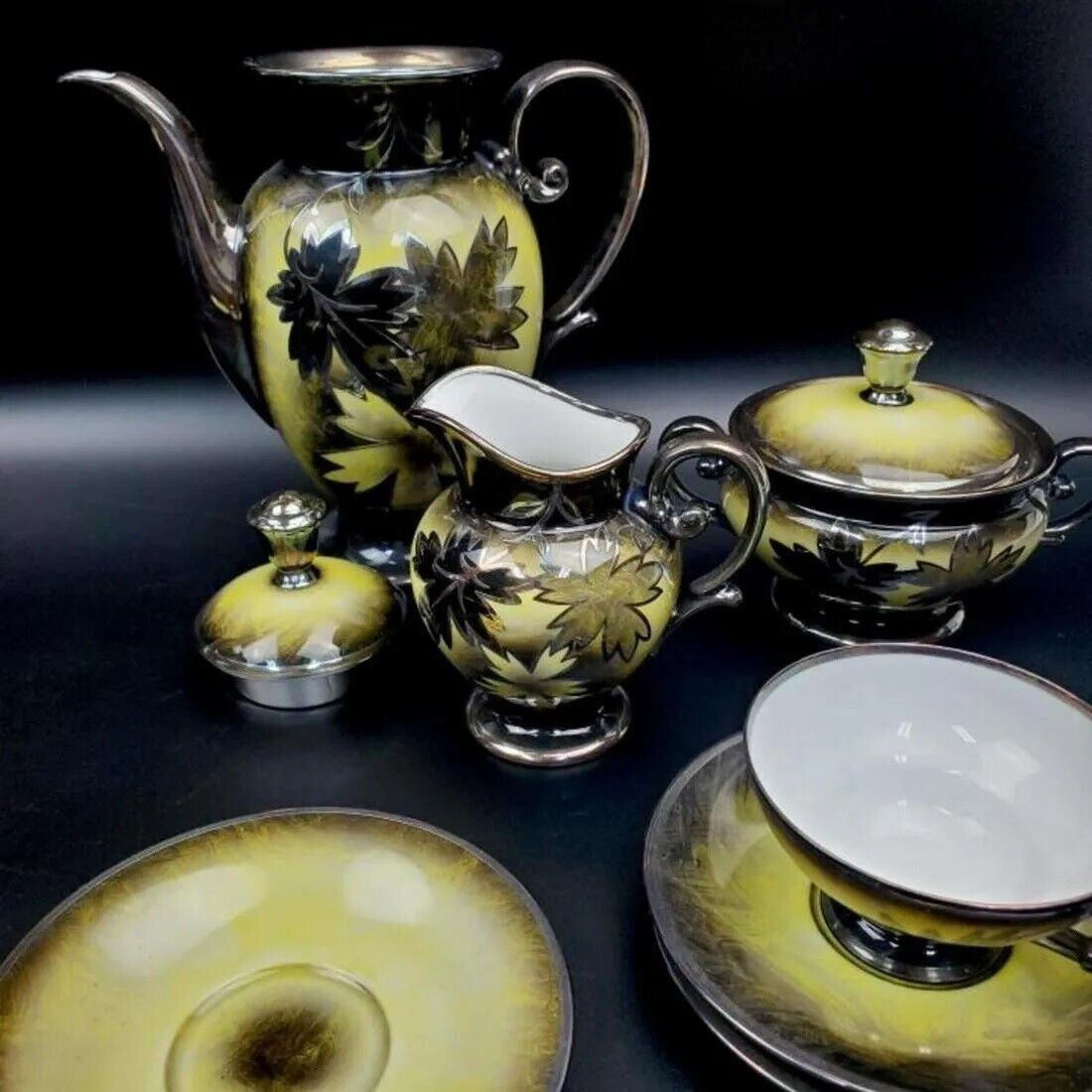 TIRSHENREUTHER GERMANY COFFEE SET BLACK GREEN YELLOW LEAVES PLATINUM 12PCS [84b]