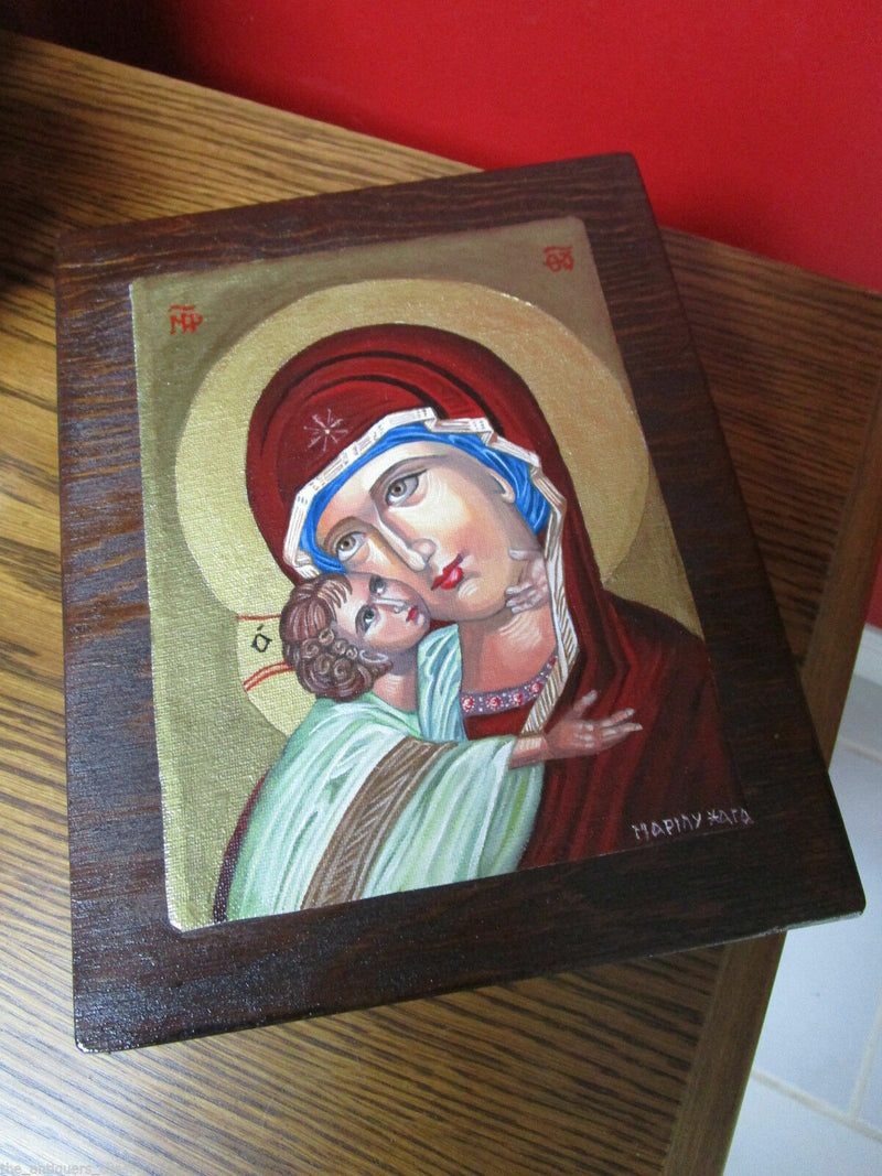 ORIGINAL ICON OIL PAINTING ON BOARD JESUS MADONNA SIGNED CERTIFICATES ^^