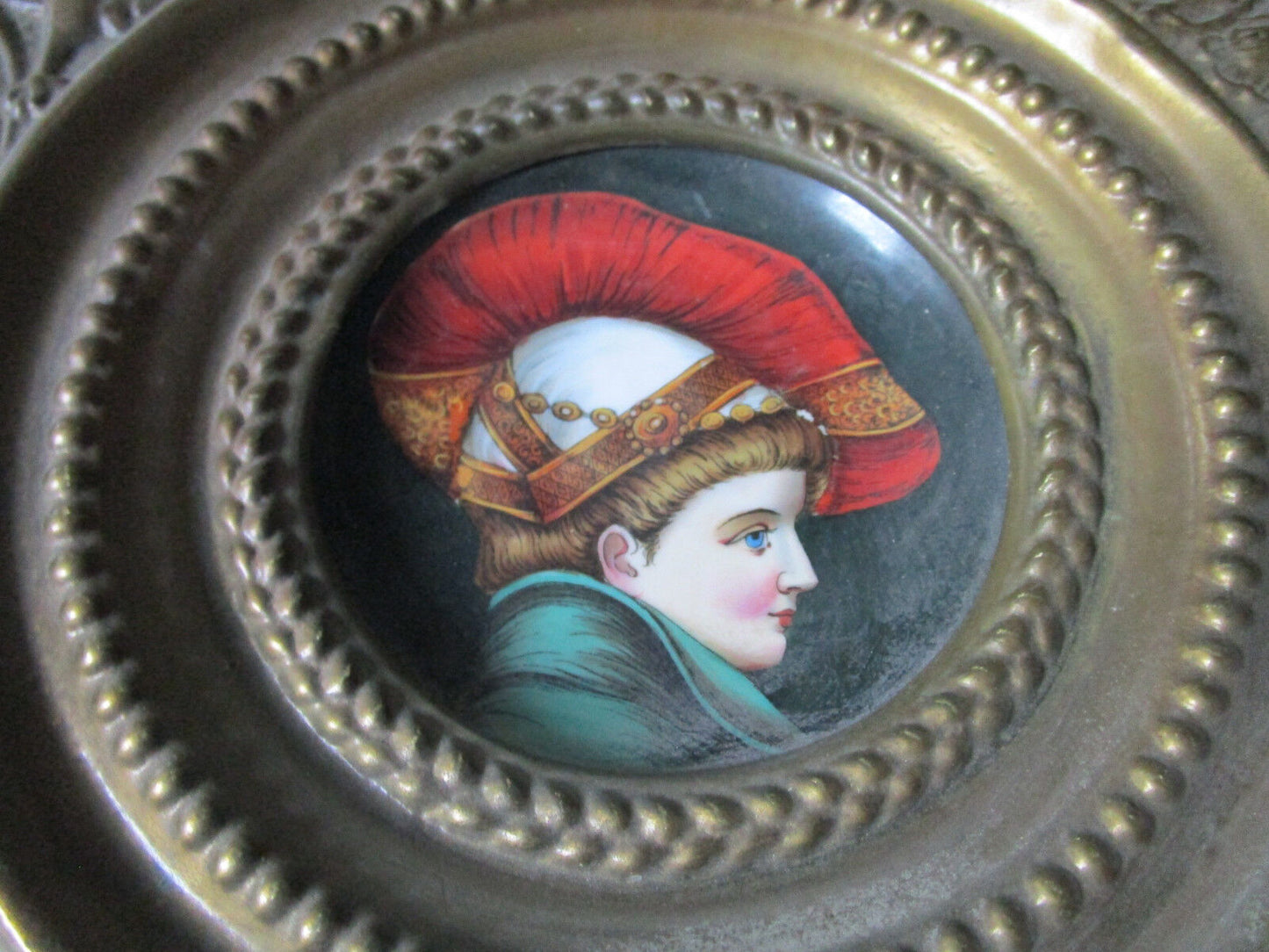 ANTIQUE CERAMIC WALL PLAQUE FRENCH FAIENCE PLATE BOY PORT BRASS HAMMERED FRAME