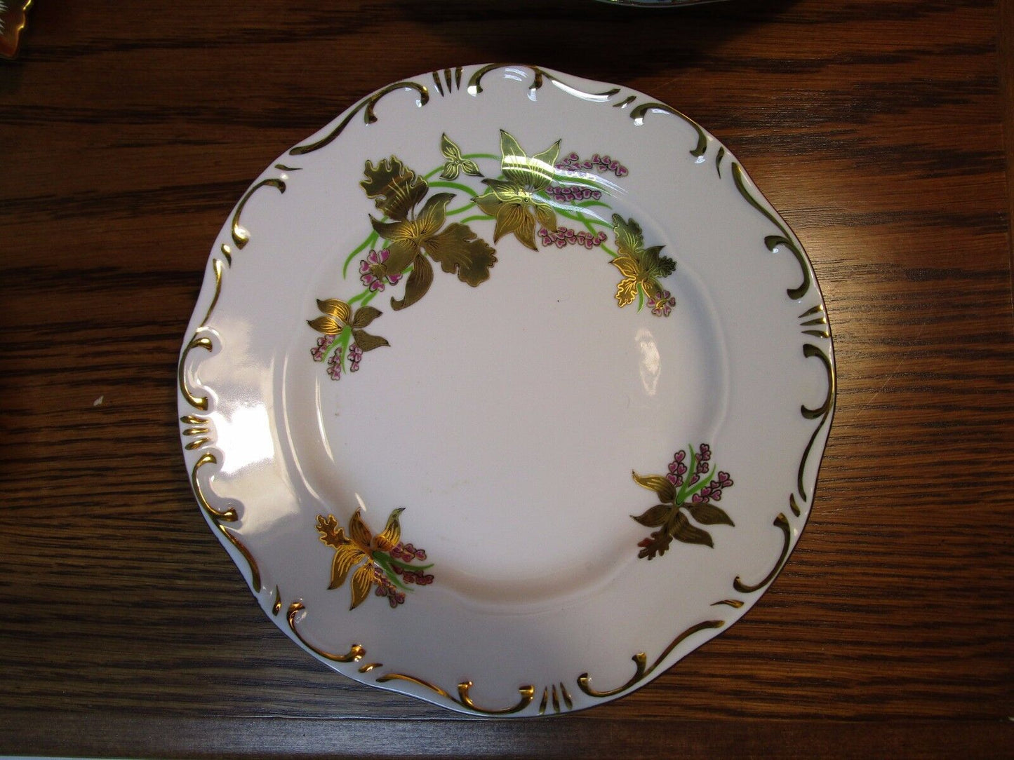 ZSOLNAY HUNGARY 6 DINNER PLATES GOLDEN IRIS FLOWERS 1960s