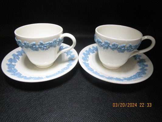 Wedgwood pair of coffee cups Queens ware lavender white embossed [80b]