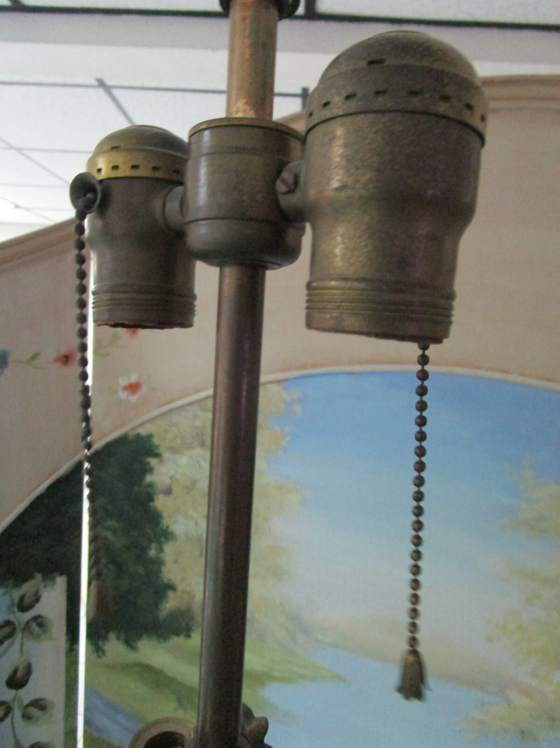 Four Arms Two Lights Brass Depression Glass Diamond Design Electrical Table Lamp