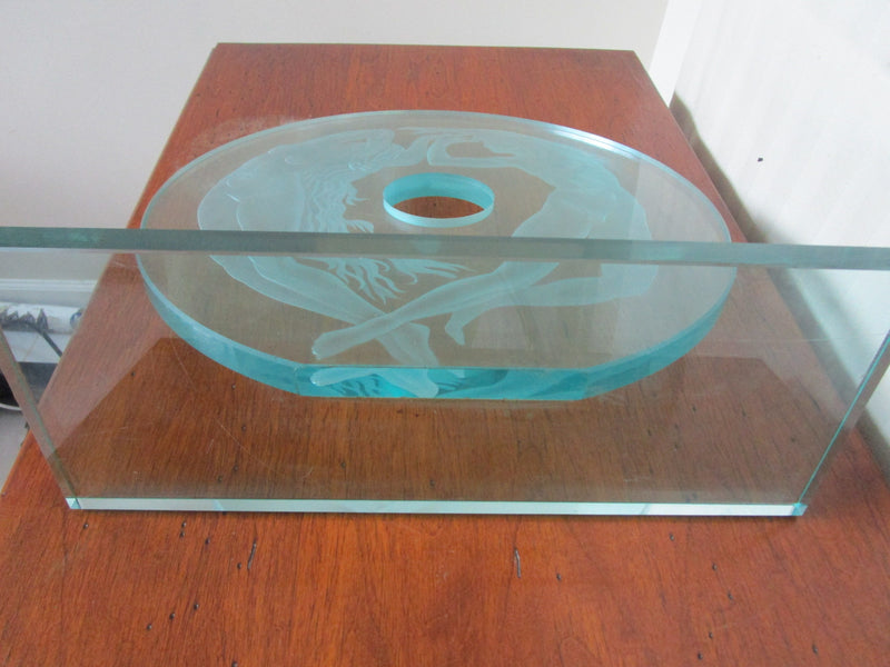 NAKED DIVERS COUPLE TABLE SCULPTURE LARGE 16 X 15 X 6" ETCHED GLASS