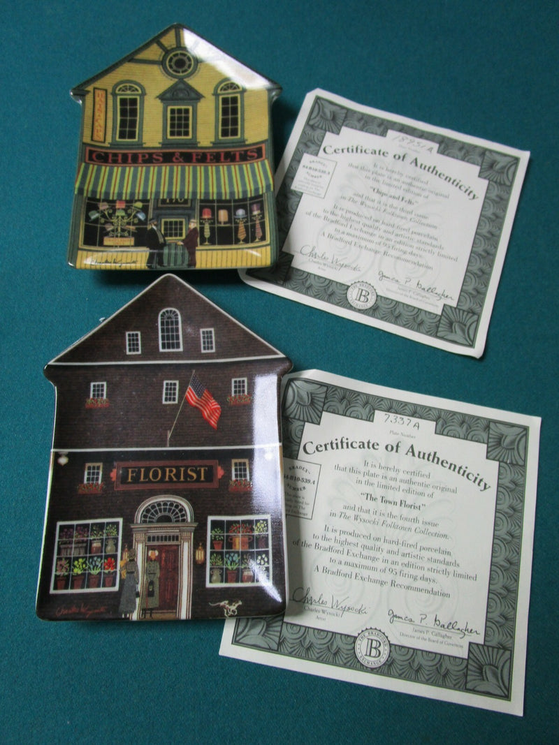 Wysocki Folktown 2 Collector Plates Florist / Chips Felts Store 6 1/2" ^^