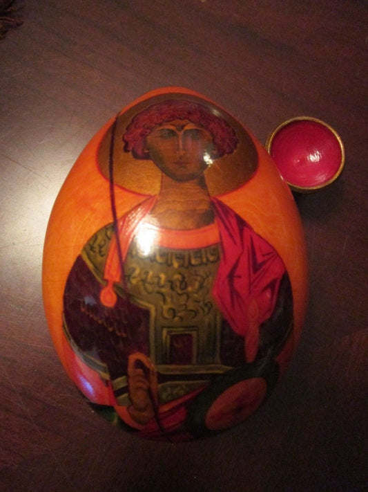 VINTAGE RUSSIAN WOODEN LACQUER HAND PAINTED ORTHODOX SAINT EGG ON BASE, 6 X 4"