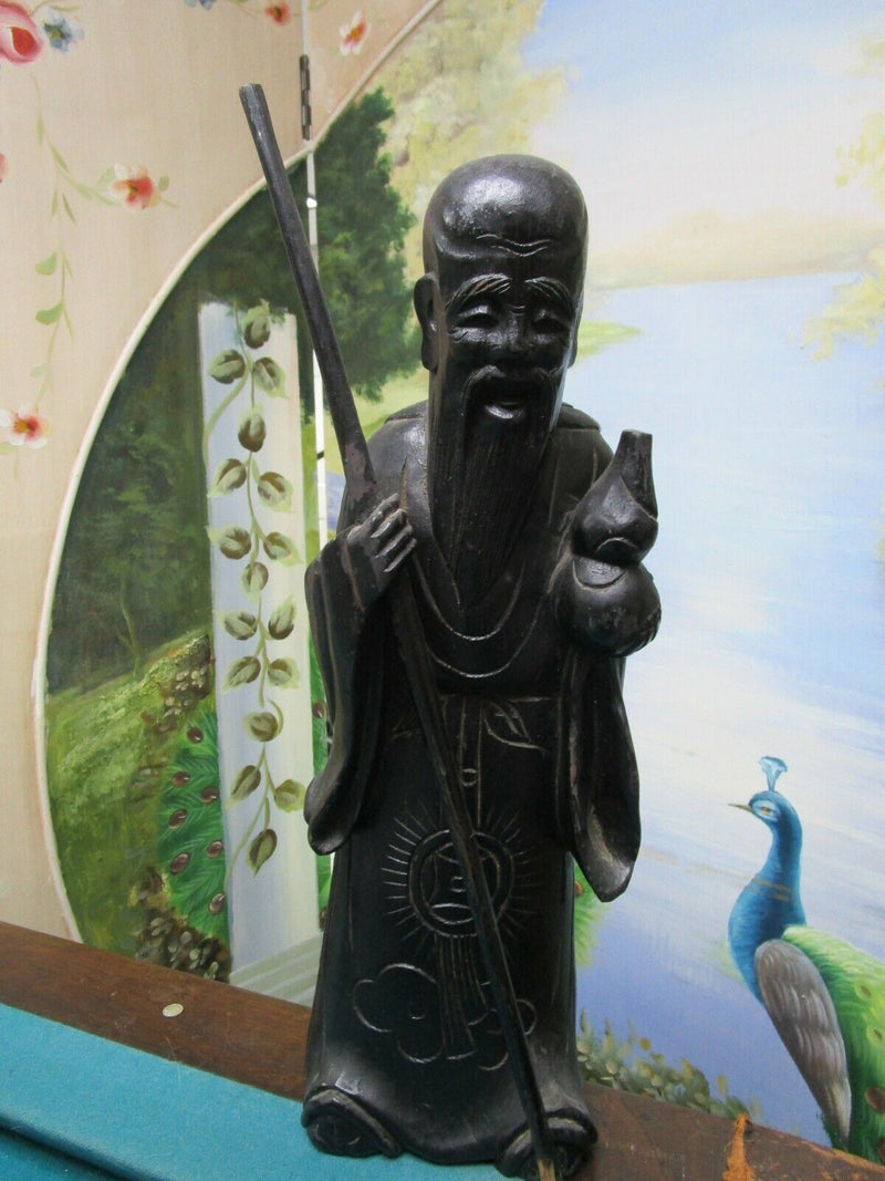 CHINESE IMMORTAL GOD Li Tieguai WOODEN CARVED 18" FIGURINE BLACK TEAK ^^^