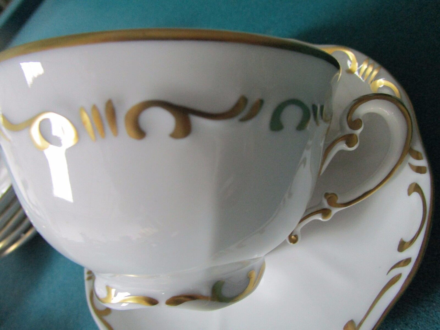 ZSOLNAY HUNGARY 6 CUPS AND SAUCERS WHITE CREAM/GOLD ACCENT, 1960s