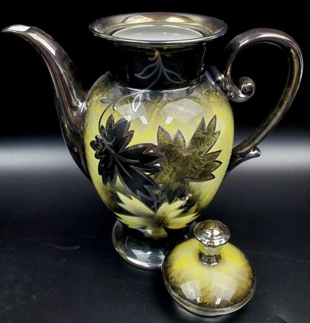 TIRSHENREUTHER GERMANY COFFEE SET BLACK GREEN YELLOW LEAVES PLATINUM 15PCS