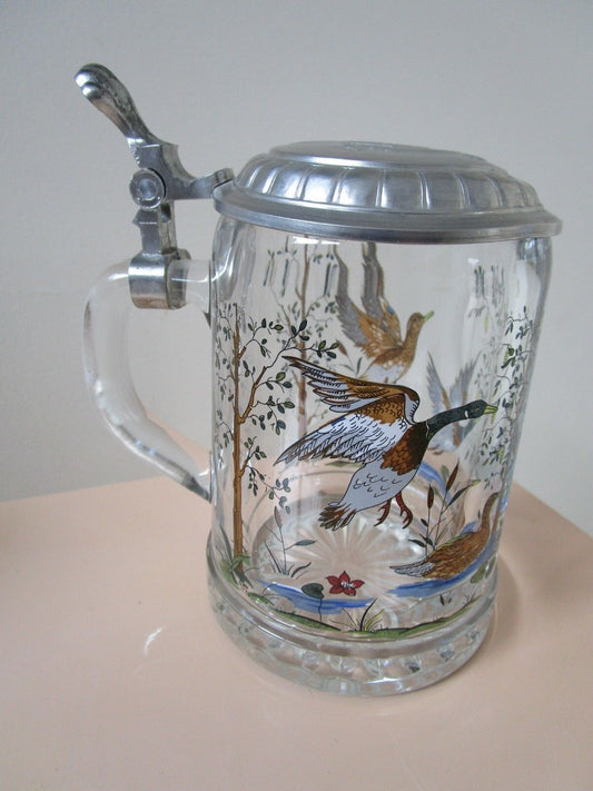 Vintage Lidded Etched Glass DUCKS / GEESE Beer Stein ALWE MULTICOLOR original