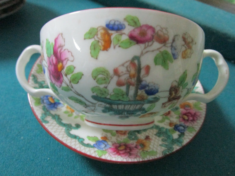 CAULDON ENGLAND CONSOME SOUP CUP SAUCER VICTORIA PATTERN LACE AND FLOWERS c1904