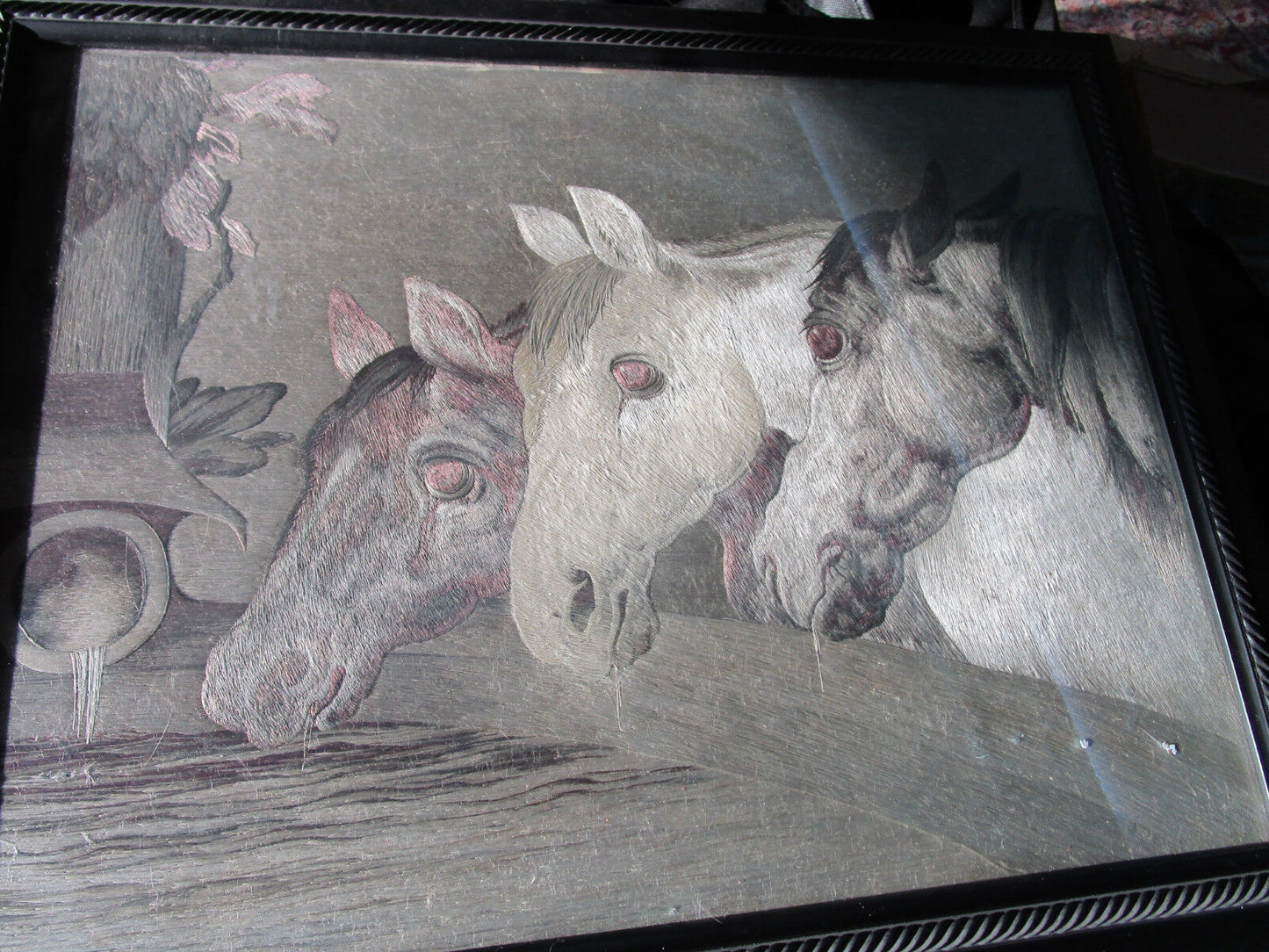 VINTAGE WOVEN SILK PAINTING ART THREE HORSES 16 1/2  12 1/2"