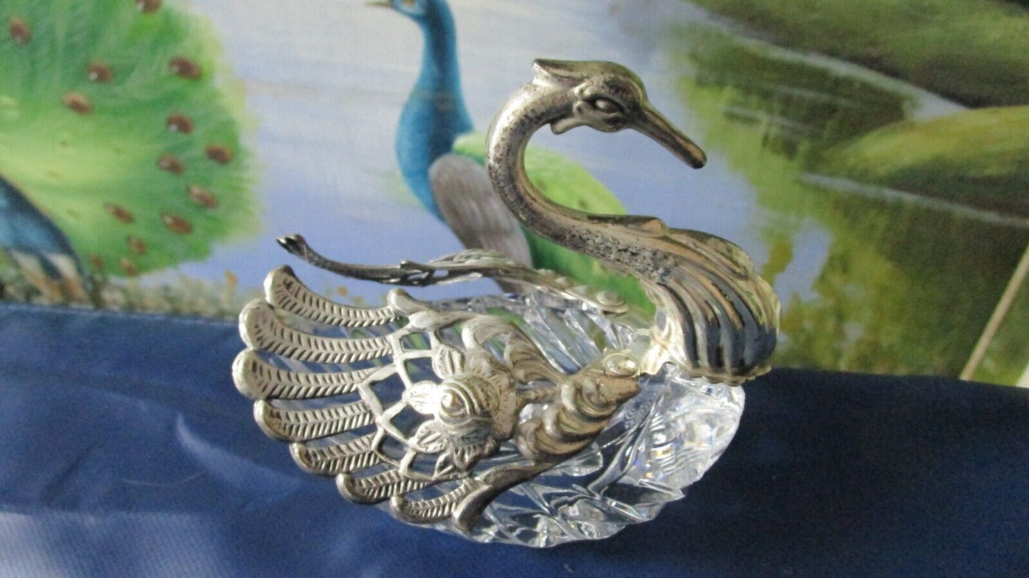 VINTAGE ITALIAN SWAN SALT CUPS AND MUSTARD SILVERPLATE AND GLASS