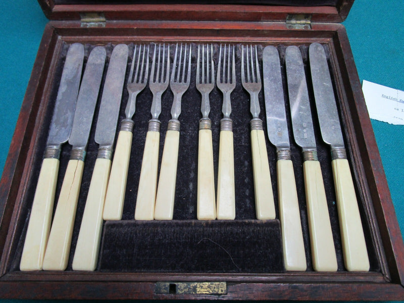 SAVORY 1800s LONDON SILVERPLATE FORKS KNIVES SET WHITE HANDLE ORIGINAL BOX