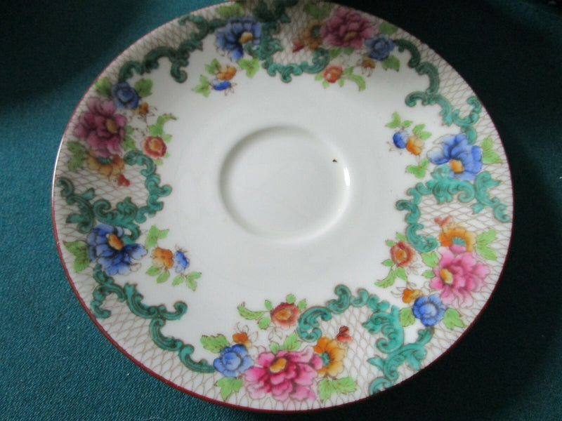 CAULDON ENGLAND CONSOME SOUP CUP SAUCER VICTORIA PATTERN LACE AND FLOWERS c1904