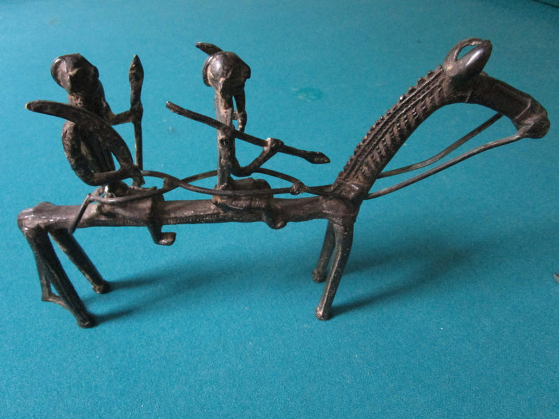 IRON HORSE WITH TWO WARRIORS METAL SCULPTURE  7 1/2 X 11" ORIGINAL