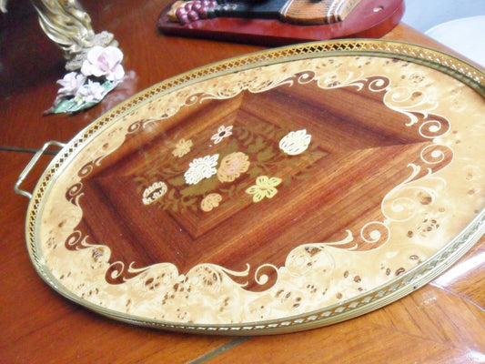 Vintage Italian Wood Inlay Serving Tray  Brass Floral Flower 2 handles [*]