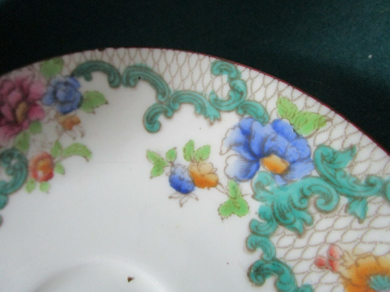 CAULDON ENGLAND CONSOME SOUP CUP SAUCER VICTORIA PATTERN LACE AND FLOWERS c1904