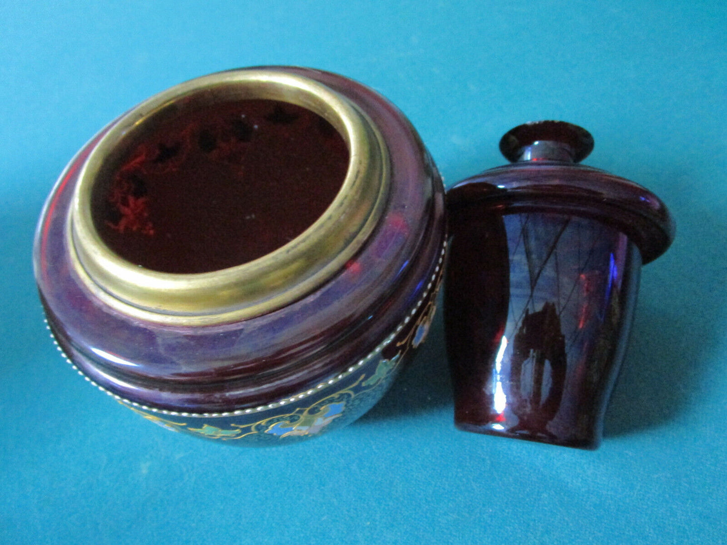 ANTIQUE BOHEMIA DECANTER IN HOLDER BOWL RED RUBY HAND PAINTED rare insert