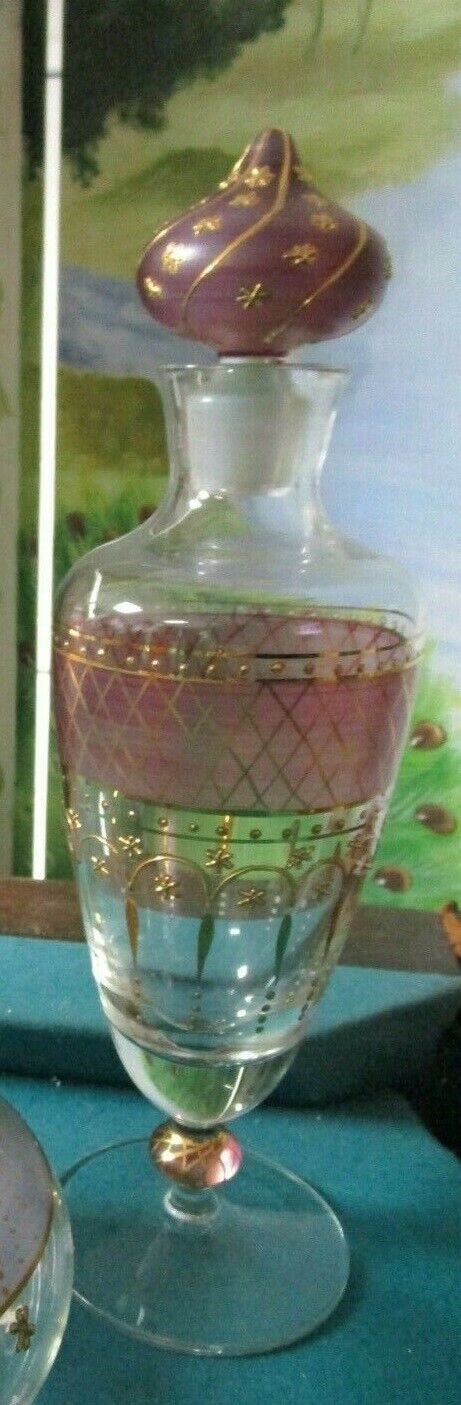 BOHEMIAN CZECH PURPLE CRYSTAL GOLD DECANTER WITH STOPPER AND BOWL PICK1