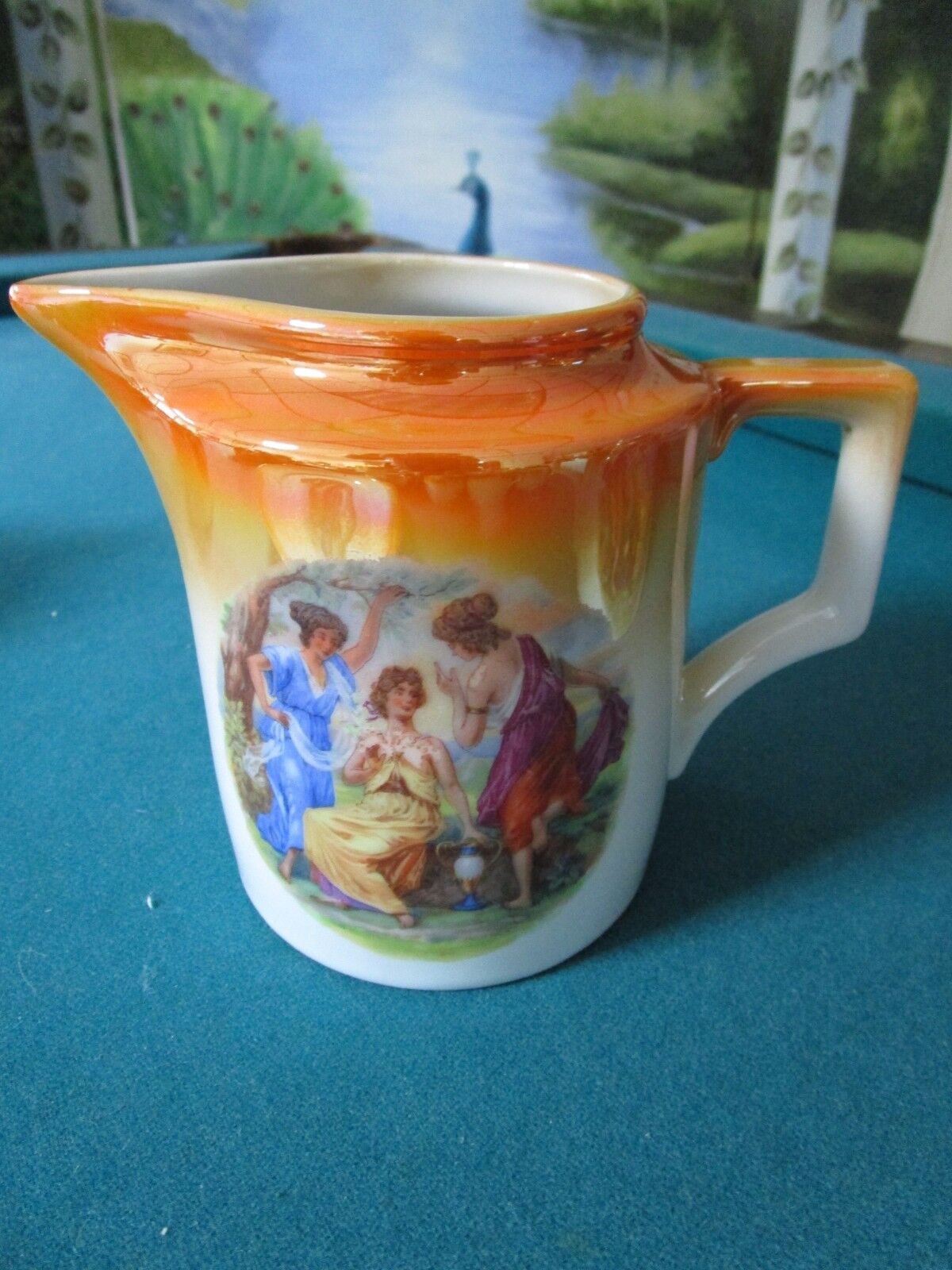 ZSOLNAY HUNGARY COFFEE SET ORANGE LUSTER DANCING MAIDENS STENCILED 1940s UNIQUE