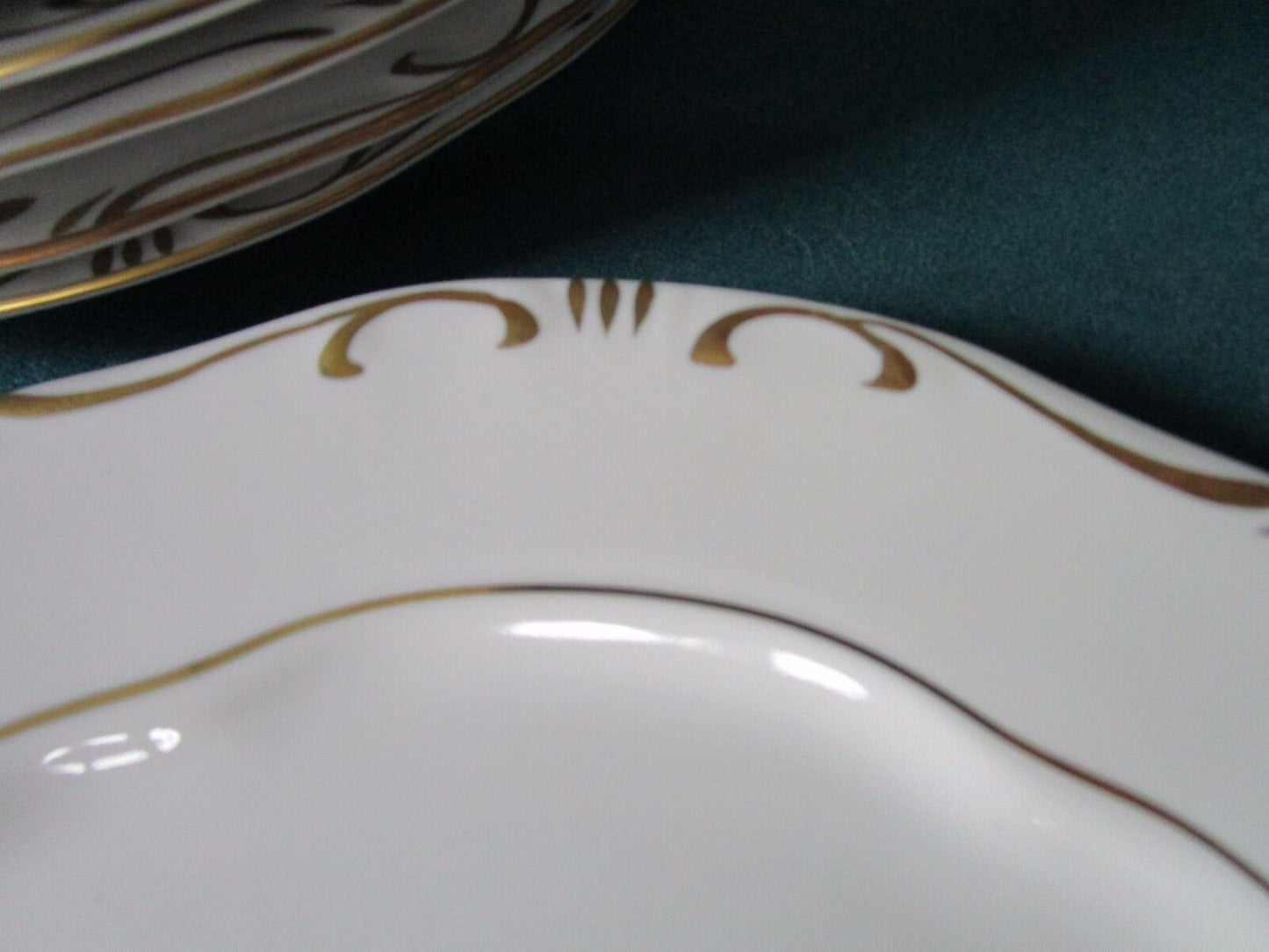 ZSOLNAY HUNGARY 6 BREAD PLATES WHITE CREAM/GOLD ACCENT, 1960s