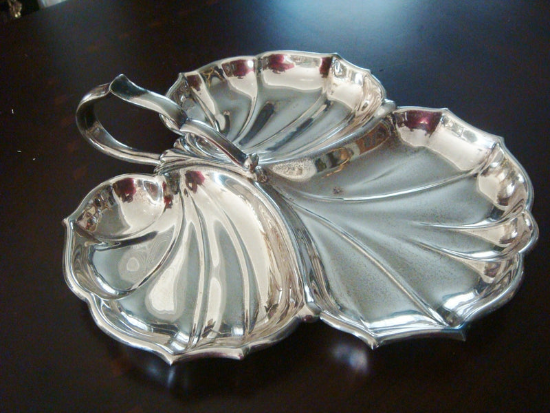 Crescent Silver Plate, Candy or Nut Dish 3 divisions Leaf Tray Handled  original