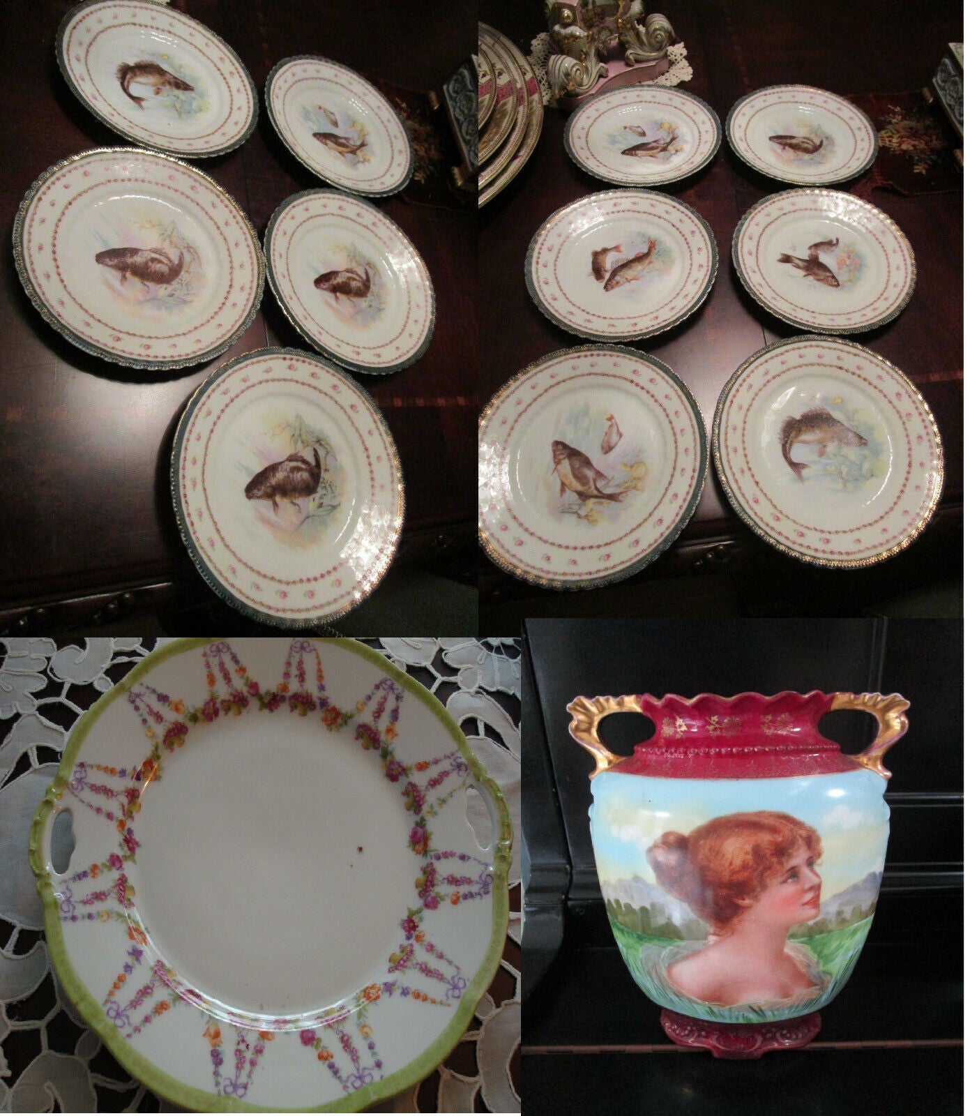 VICTORIA AUSTRIA CARLSBAD LATE 1800s FISH PLATES, GARLAND PLATTER, PORTRAIT VASE