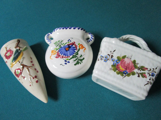 Portuguese And Japanese Ceramic 3 Pcs Wall Pockets And Basket [84c]