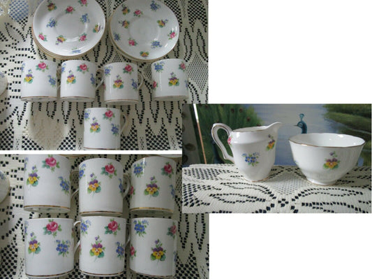 Rose Pansy By Crown Staffordshire Coffee Set 5 Pcs, 6 Pcs Creamer Sugar Pick1 ^^