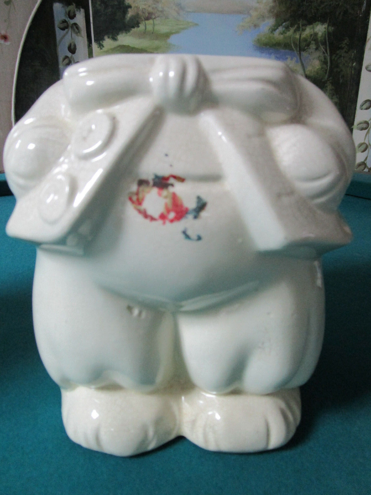 VINTAGE AMERICAN BISQUE TURNABOUT BEAR COOKIE JAR TWO SIDED BOY&GIRL,12" tall