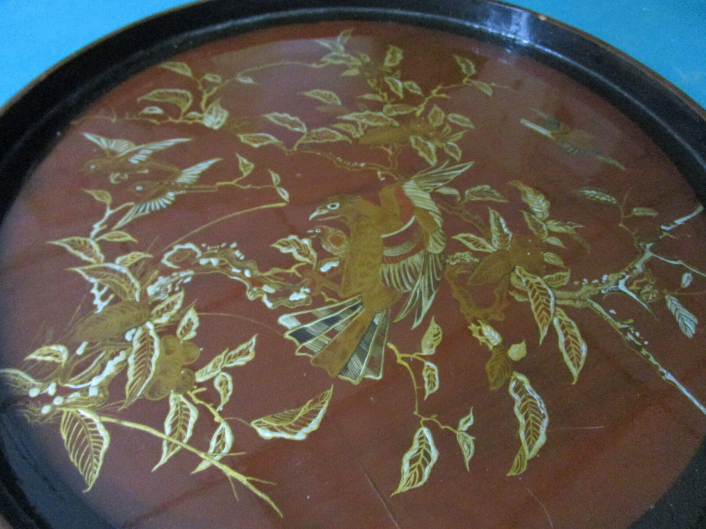 CHINESE LACQUER TRAY PLATTER 22" BIRDS