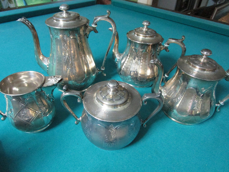ANTIQUE REED & BARTON #1987 TEAPOTS COFFEE POT SILVERPLATE  MONOGRAMED 5PCS