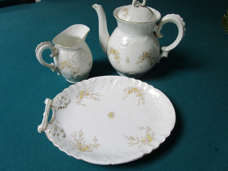 CARLSBAD AUSTRIA ANTIQUE TEAPOT TRAY AND CREAMER 3 PCS 1800s original