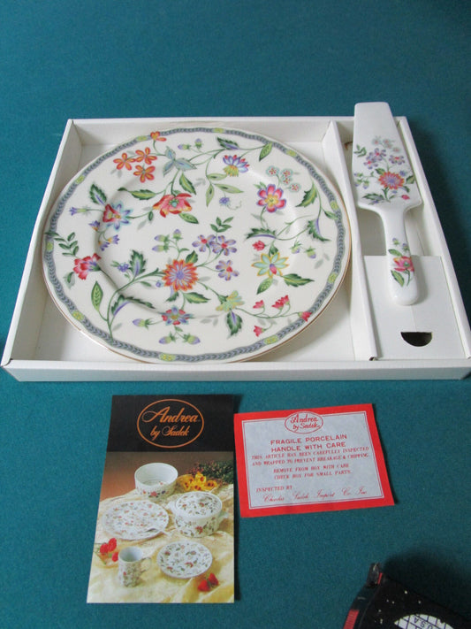 ANDREA BY SADEK PLATTER CAKE SERVER FLORAL SET WITH SPOON 13" orig