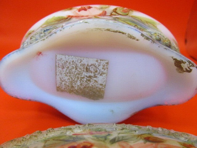 Antique Victorian Milk Glass Floral Oval Trinket Jewelry Box 2 X 4"
