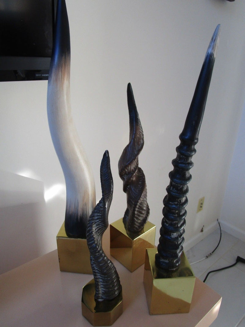 SET OF CERAMIC DECORATIVE HORNS WITH BRASS BASE 24" TO 14" TALL rare