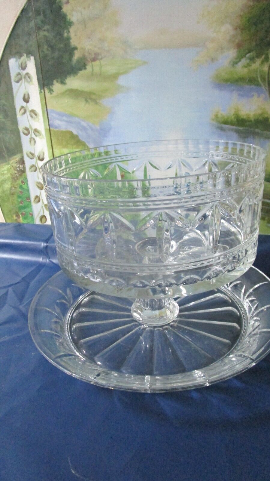 WATERFORD PEDESTAL PUNCH BOWL CAKE STAND FINLEY PATTERN WITH 4 PUNCH GLASSES