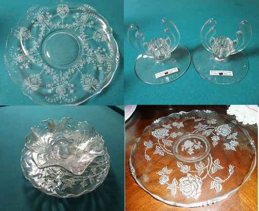 VINTAGE HEISEY GLASS SILVER OVERLAY FLORAL TRAY  CANDLE HOLDER -PICK ONE