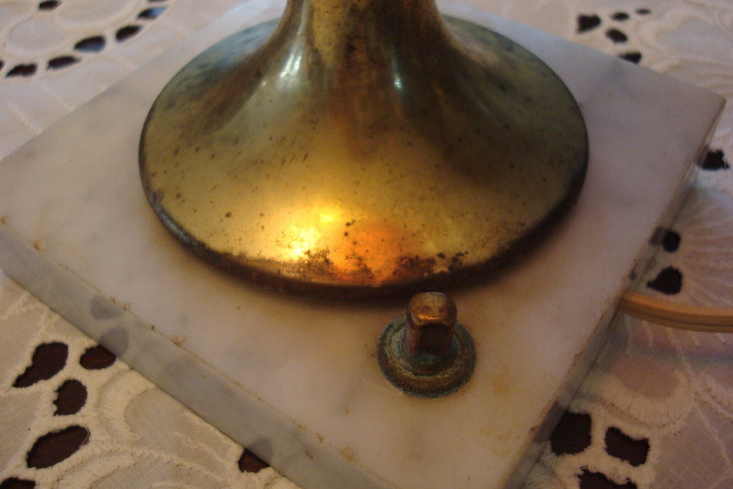 Vintage TABLE BOUDOIR LAMP , glass, brass and marble base with red shade