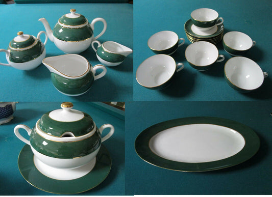 ZSOLNAY HUNGARY WHITE/GREEN /GOLD ACCENT 1960s,TEASET CUPS SAUCERS TRAY TUREEN