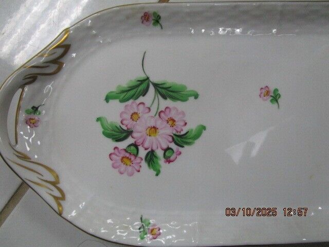 Zsolnay Hungary vanity tray, floral two handle, 1930s apprentice mark [#80]