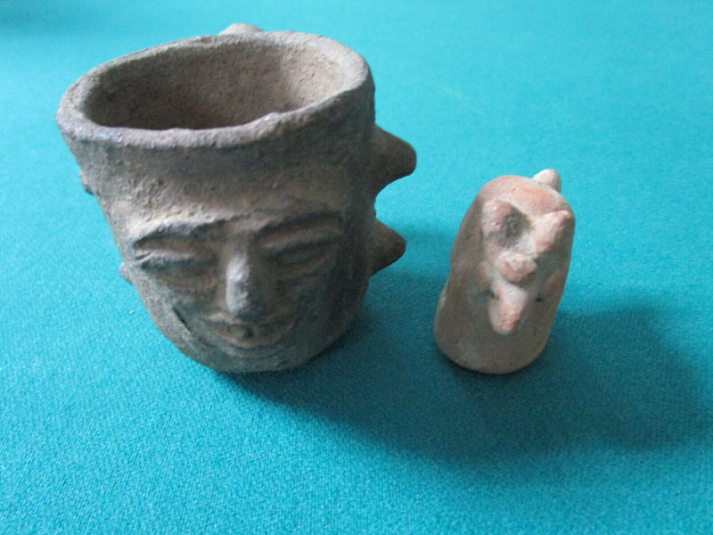 Mexican Southwestern Pottery Pieces Cup And Bird Figurine 2 1/2" /2" [170B]