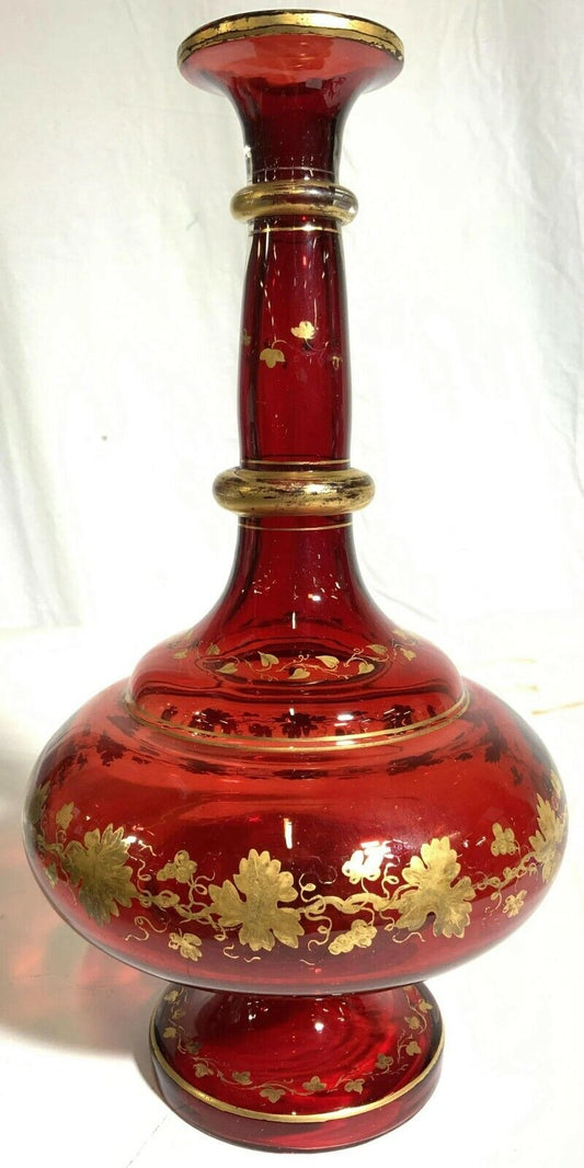 ANTIQUE BOHEMIAN GLASS RED VASE cranberry with gold gilt  floral, vine and leaf