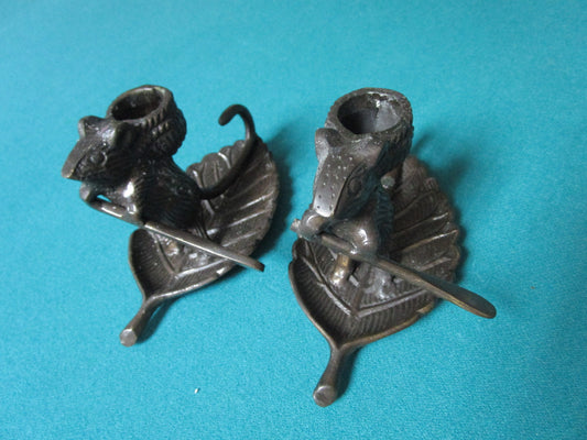 Metal Cast Mice Candle Holder Sailing On Leaf 4 X 6"