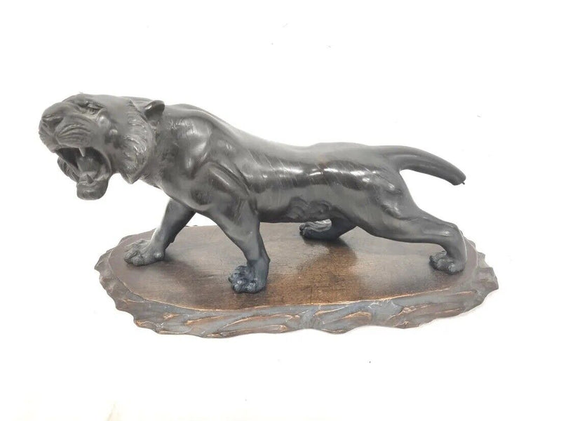 Japanese Meji Period Bronze Striped Tiger OKIMONO Sculpture Wooden Base SIGNED ^