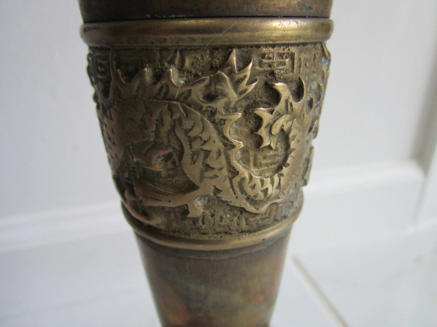 Antique Bronze standing pillar candle holder, made in China, dragon engravings